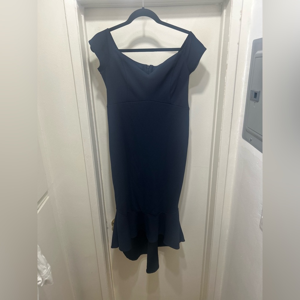 Queen B London Maternity Dress Size 14 Blue Asymmetrical Stretch Midi